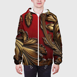 Куртка с капюшоном мужская Золотые объемные листья на красном фоне, цвет: 3D-белый — фото 2