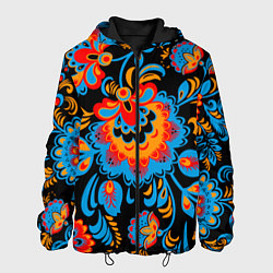 Мужская куртка Хохломская роспись разноцветные цветы на чёроном ф