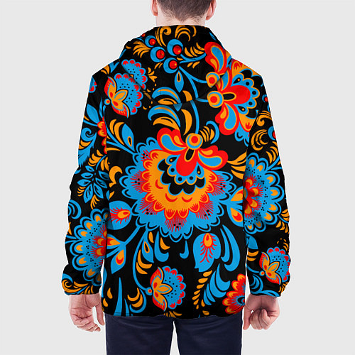 Мужская куртка Хохломская роспись разноцветные цветы на чёроном ф / 3D-Черный – фото 4