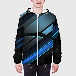 Куртка с капюшоном мужская Черная абстракция с синим неоновым ярким свечением, цвет: 3D-белый — фото 2