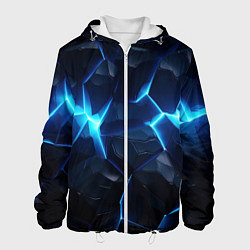 Куртка с капюшоном мужская Синий неоновый разлом черной абстракции, цвет: 3D-белый