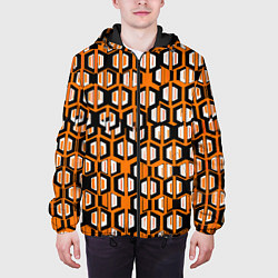 Куртка с капюшоном мужская Техно узор из шестиугольников оранжевый, цвет: 3D-черный — фото 2