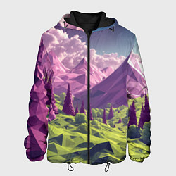 Куртка с капюшоном мужская Геометрический зеленый пейзаж и фиолетовые горы, цвет: 3D-черный