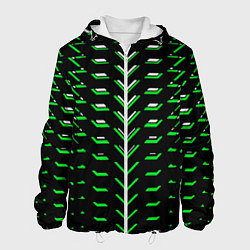 Куртка с капюшоном мужская Зелёно-белые полосы на чёрном фоне, цвет: 3D-белый