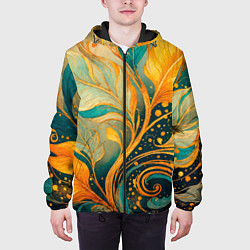 Куртка с капюшоном мужская Золотые и бирюзовые листья абстракция, цвет: 3D-черный — фото 2