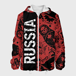 Куртка с капюшоном мужская Россия на фоне матрёшек балалайки и славянских узо, цвет: 3D-белый