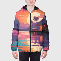 Куртка с капюшоном мужская Летний домик пальмы закат, цвет: 3D-черный — фото 2
