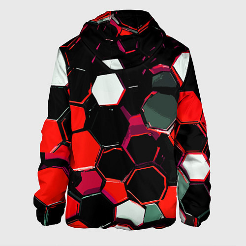 Мужская куртка Красно-белые шестиугольники на чёрном фоне / 3D-Белый – фото 2