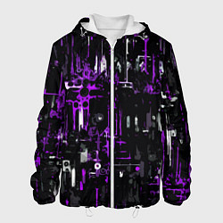 Куртка с капюшоном мужская Бело-фиолетовая тревожная абстракция на чёрном фон, цвет: 3D-белый