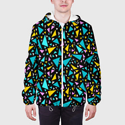 Куртка с капюшоном мужская Разноцветные яркие треугольники на черном, цвет: 3D-белый — фото 2