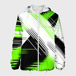 Куртка с капюшоном мужская Диагональные бело-зелёные линии на чёрном фоне, цвет: 3D-белый