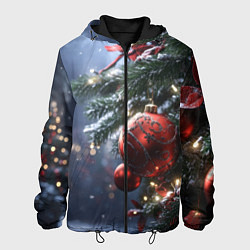 Куртка с капюшоном мужская Красные новогодние шары с узорами, цвет: 3D-черный
