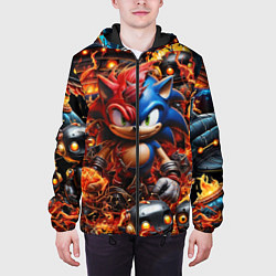 Куртка с капюшоном мужская Соник и Наклз на фоне огня и роботов, цвет: 3D-черный — фото 2