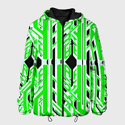 Куртка с капюшоном мужская Бело-зелёные техно полосы на чёрном фоне, цвет: 3D-черный