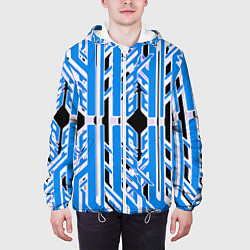 Куртка с капюшоном мужская Бело-синие техно полосы на чёрном фоне, цвет: 3D-белый — фото 2