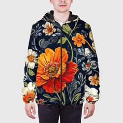 Куртка с капюшоном мужская Маки и пионы старинный паттерн, цвет: 3D-черный — фото 2