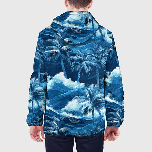 Мужская куртка Пальмы и волны - голубые оттенки паттерн / 3D-Черный – фото 4