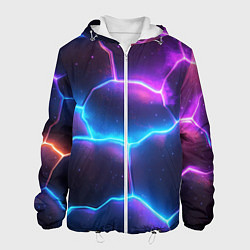 Куртка с капюшоном мужская Синие и фиолетовые молнии в разломе, цвет: 3D-белый