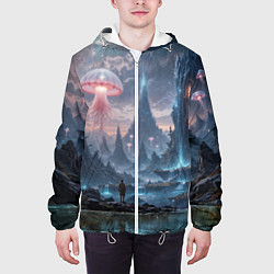 Куртка с капюшоном мужская Фантастический мир с медузами и озеро у гор, цвет: 3D-белый — фото 2
