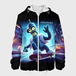 Куртка с капюшоном мужская Bender is a skateboarder in neon street - ai art, цвет: 3D-белый