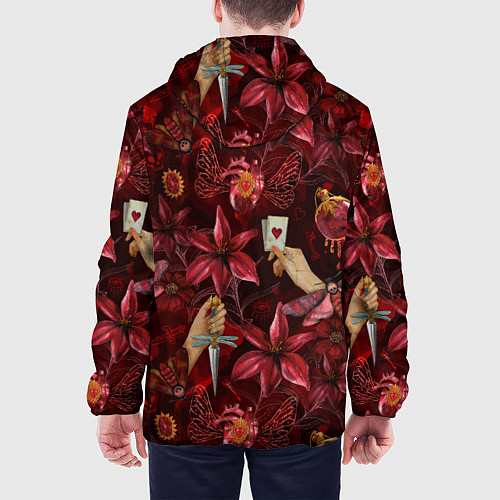 Мужская куртка Бордовая готика с сердцем, лилиями и мотыльками / 3D-Черный – фото 4