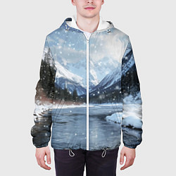 Куртка с капюшоном мужская Снежный горный пейзаж с елями и рекой, цвет: 3D-белый — фото 2