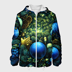 Куртка с капюшоном мужская Новогодние шарики на елке, цвет: 3D-белый