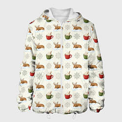 Куртка с капюшоном мужская Зимний паттерн с оленем и чашками какао, цвет: 3D-белый