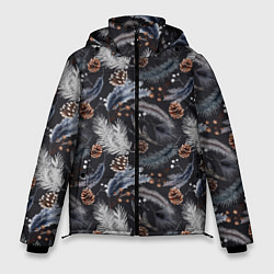 Куртка зимняя мужская Узор из еловых веток и шишек Акварельный рисунок, цвет: 3D-светло-серый