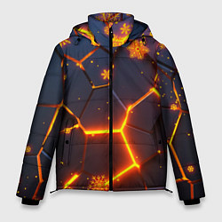 Куртка зимняя мужская НОВОГОДНИЕ ОГНЕННЫЕ 3D ПЛИТЫ FIRE NEON HEXAGON, цвет: 3D-светло-серый
