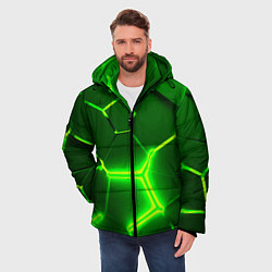 Куртка зимняя мужская 3D ПЛИТЫ НЕОН NEON GREEN HEXAGON РАЗЛОМ, цвет: 3D-светло-серый — фото 2