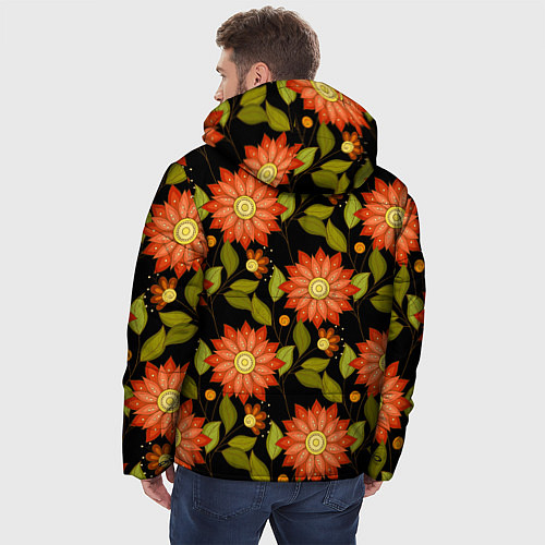 Мужская зимняя куртка Оранжевые цветы на черном фоне / 3D-Светло-серый – фото 4