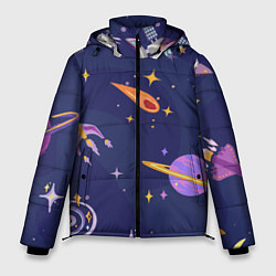 Куртка зимняя мужская Космический дизайн с планетами, звёздами и ракетам, цвет: 3D-красный