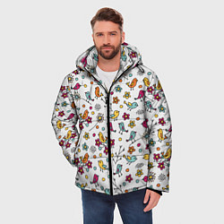 Куртка зимняя мужская Птицы и цветы Разноцветный узор в дудл стиле, цвет: 3D-красный — фото 2
