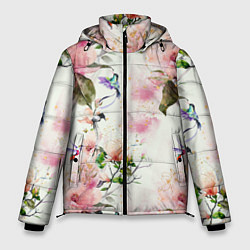 Куртка зимняя мужская Цветы Нарисованные Магнолии и Разноцветные Птицы, цвет: 3D-красный