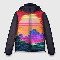 Куртка зимняя мужская Синтвейв неоновые горы на закате, цвет: 3D-черный