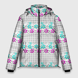 Куртка зимняя мужская Цветочный узор бирюзово-розовый на сером клетчатом, цвет: 3D-черный