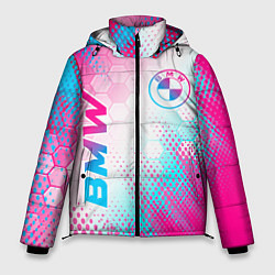 Мужская зимняя куртка BMW neon gradient style: надпись, символ