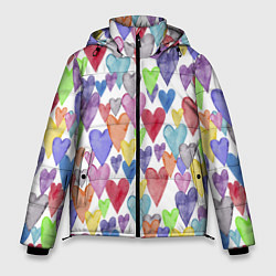 Куртка зимняя мужская Разноцветные сердечки Калейдоскоп, цвет: 3D-красный