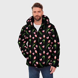 Куртка зимняя мужская Тюльпаны и сердечки на черном - паттерн, цвет: 3D-черный — фото 2