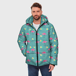 Куртка зимняя мужская Летний паттерн с фламинго, цвет: 3D-черный — фото 2