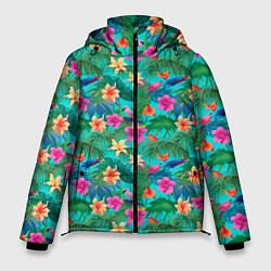 Куртка зимняя мужская Разные цветочки на зеленом фоне, цвет: 3D-черный