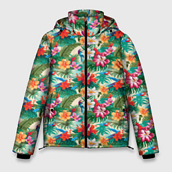 Куртка зимняя мужская Яркие гавайские цветы, цвет: 3D-черный