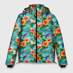 Куртка зимняя мужская Яркие гавайские цветочки, цвет: 3D-черный