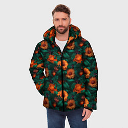 Куртка зимняя мужская Оранжевые цветы и зеленые листья, цвет: 3D-красный — фото 2