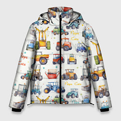 Куртка зимняя мужская Акварельные тракторы - детский паттерн, цвет: 3D-черный