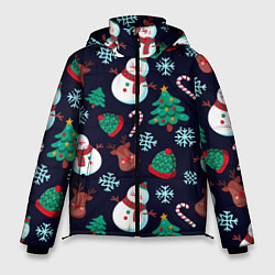 Куртка зимняя мужская Снеговички с рождественскими оленями и елками, цвет: 3D-черный