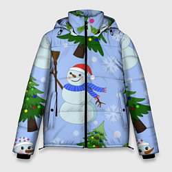 Куртка зимняя мужская Снеговики с новогодними елками паттерн, цвет: 3D-черный