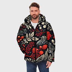 Куртка зимняя мужская Новогодние узоры и рябина, цвет: 3D-красный — фото 2