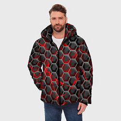 Куртка зимняя мужская Красные узоры шестиугольник, цвет: 3D-черный — фото 2